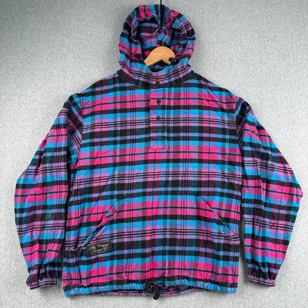 The Vermont Flannel Co Hoodie Unisex Small Pink Blue Plaid Pullover Anorak USA